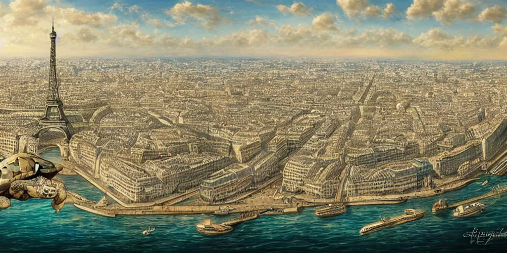 Image similar to master piece stunning digital painting of a parisian small city contained on the top of a giant sea turtle