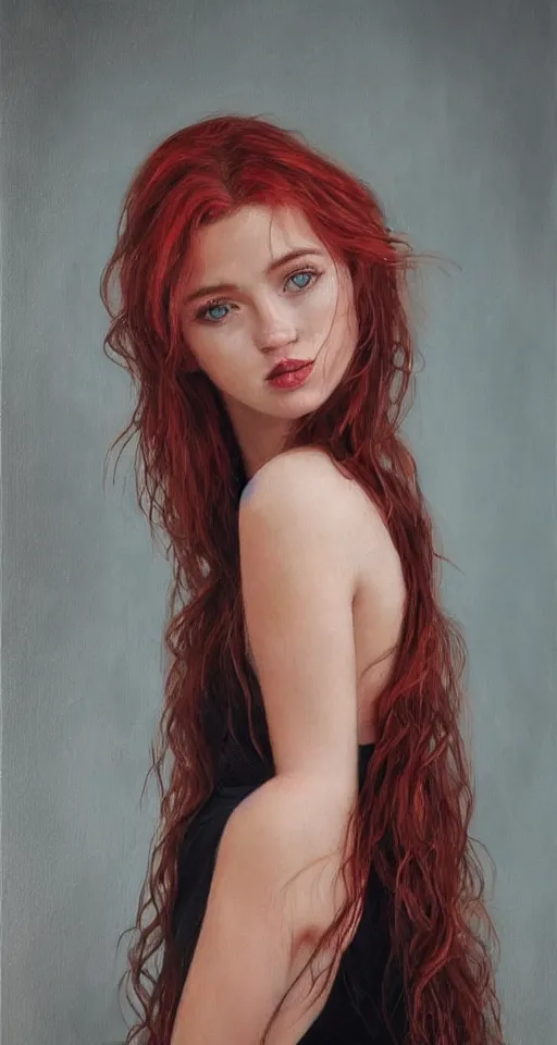 Image similar to beautiful girl, long wavy hair, small nose, freckles, red hair, portrait, photorealistic oil painting, highly detailed, pretty woman, attractive, black dress, tight dress