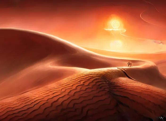 Prompt: giant python dune like desert, hearthstone splash art, deiv calviz, splash art, natural light, elegant, intricate, fantasy, atmospheric lighting, by greg rutkowski, still from denis villeneuves dune, hd wallpaper, ultra high details, cinematic composition, professional master piece made in one year