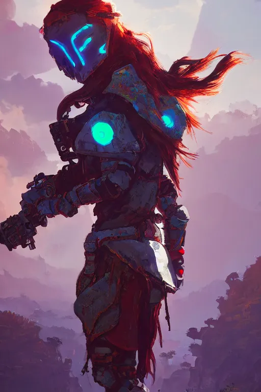 Image similar to combination suit armor aloy horizon forbidden west horizon zero dawn radiating a glowing aura global illumination ray tracing hdr fanart arstation by ian pesty and alena aenami artworks in 4 k tribal robot ninja mask helmet backpack