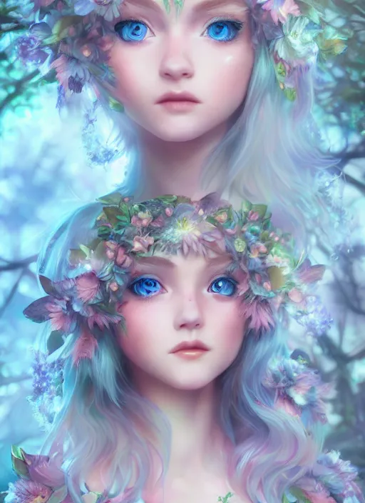 Image similar to portrait of a gorgeous fairy princess of the forest, detailed perfect blue eyes, highly detailed iridescent floral pattern skin, ultra realistic, cinematic lighting, depth of field, artstation, NeoArtCorE