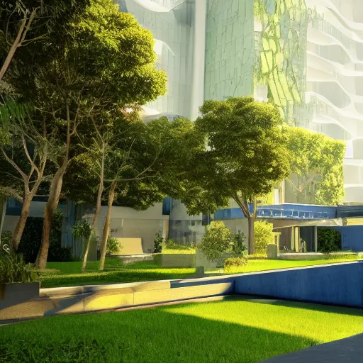 Image similar to sci fi architecture modern design, detailed, greens, blue colors, trees, people, octane render.