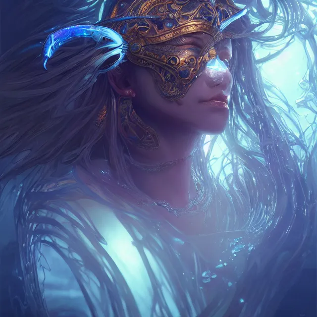 Prompt: detailed portrait of beautiful night underwater paladin, caustics, accurate ray tracing, dark fantasy, sharp focus, vibrant, vivid, wet shiny skin, symmetry, highly detailed, 4 k digital painting, detailed skin, liquid, magical, raytracing, bubbles, artistic, concept art by artgerm, greg rutkowski, alphonse mucha, unreal engine render,