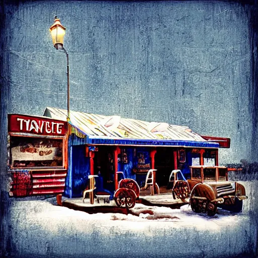 Prompt: the blue goose tavern. a big and famous roadside tavern. delicious fried pudding with sweet liquor is served here. digital art