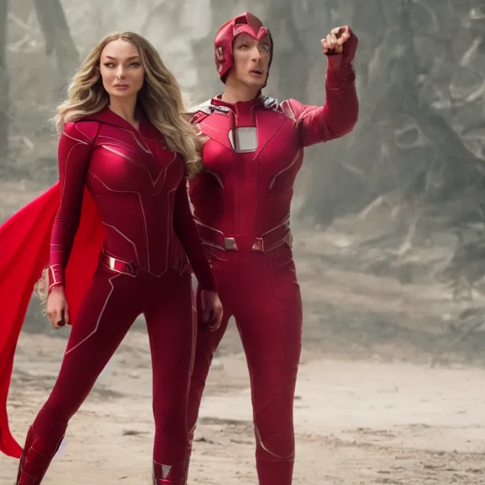 Image similar to movie still of lindsey pelas as scarlet witch, directed by russo brothers, 4 k hd, oscar winning, high detail