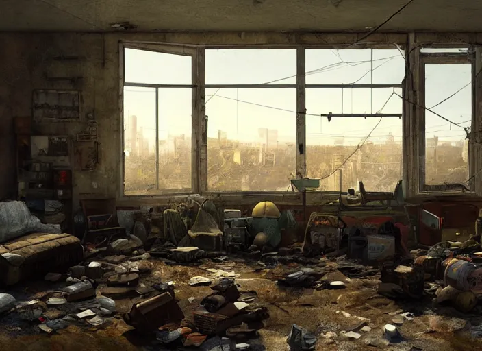 Image similar to a room filled with lots of junk and broken windows, concept art by scott listfield, cgsociety, neoplasticism, artstation hq, playstation 5 screenshot, cryengine