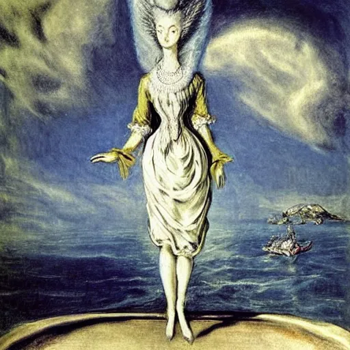 Prompt: Marie Antoinette levitating over the sea. El Greco, Remedios Varo, Salvador Dali, Carl Gustav Carus, John Atkinson Grimshaw. Blue tint. Symetrical, logo, geometric shapes.