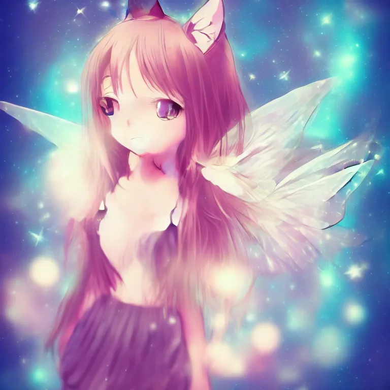 Image similar to cute, full body, female, anime style, a cat girl with fairy wings, large eyes, beautiful lighting, sharp focus, simple background, creative, heart effects, filters applied, illustration