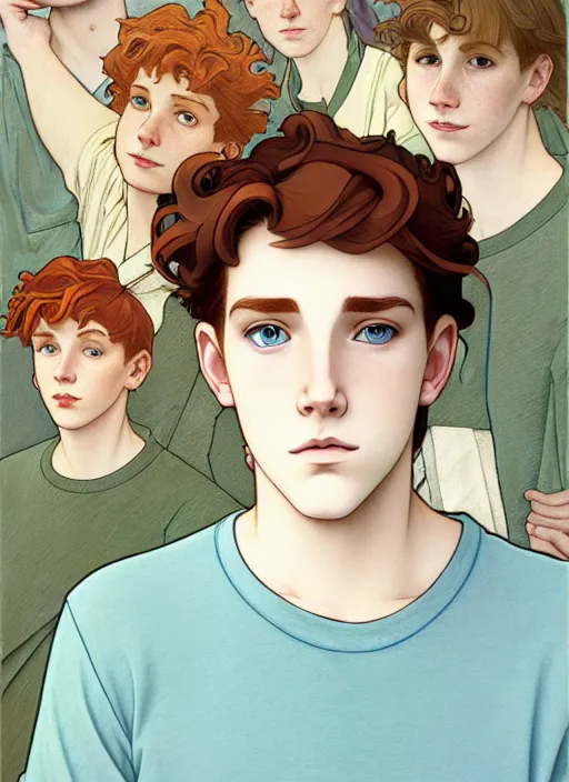 Image similar to art nouveau portrait of a teen boy with completely straight auburn hair, light blue eyes, pale skin, freckles, sad expression, t - shirt, modern casual clothing, natural lighting, path traced, highly detailed, high quality, cartoon, digital painting, by don bluth and ross tran and studio ghibli and alphonse mucha