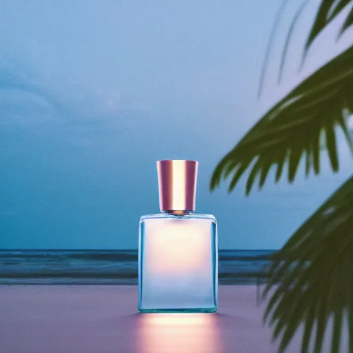 Image similar to perfume bottle standing in splashing tropical sea foam, surrounded by leafy trees, light pastel blue sky and clouds in the background, softly - lit, soft - warm, zen, light, modern minimalist f 2 0 clean