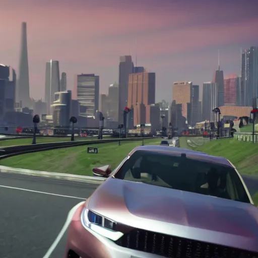 Image similar to a car driving down a road with a city in the background, a screenshot, featured on cg society, playstation 5 screenshot