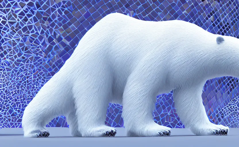 Image similar to polar bear as alow poly, kevlar, octa core, watercooled plates with crystal elements as a power source with an arctic-based, geometric backdrop; led, robotic, abstract, front profile shot, cycles render, 4k