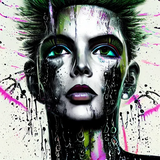 Prompt: splashes of neon clouds, mowhawk, punk women portrait made out of paint with rain in the background, trending on artstation, epic composition, emotional, beautiful, rendered in octane, highly detailed, realistic, tim burton comic book art, sharp focus, matte painting, unreal engine