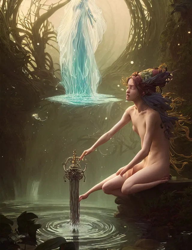 Image similar to highly detailed vfx portrait of a sorceress - ophelia casting a water spell, unreal engine, greg rutkowski, loish, rads, beeple, makoto shinkai and lois van baerle, ilya kuvshinov, rossdraws, tom bagshaw, alphonse mucha, global lighting, detailed and complex environment