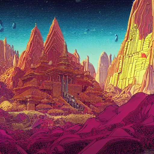 Prompt: highly detailed illustration of a temple on a strange planet, juxtapoz magazine, moebius, kilian eng, behance, deviant art, thomas rome