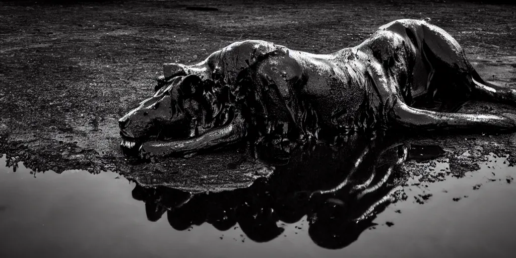 Image similar to the black lioness made of ferrofluid, laying on their back, dripping tar, drooling goo, covered in slime, sticky black goo, bathing in the pit filled with tar, dripping goo, sticky black goo. photography, dslr, reflections, black goo, rim lighting, cinematic light, tar pit, chromatic, saturated, slime