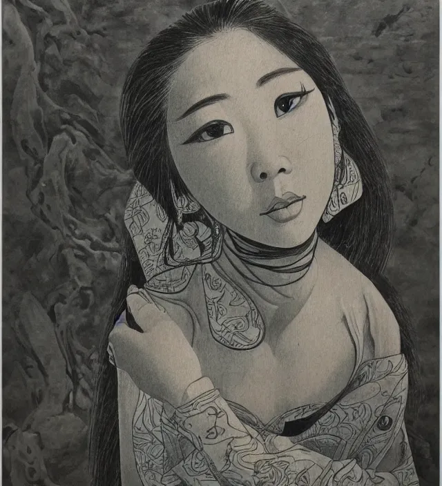 Prompt: old asian art vibrant drawing painting of a beautiful girl portrait in alex ross frank miller gantz miura kentaro giger escher style detailed trending award winning