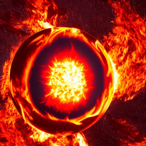 Image similar to red hot burning sphere embedded in fireball explosion with fire, 4 k