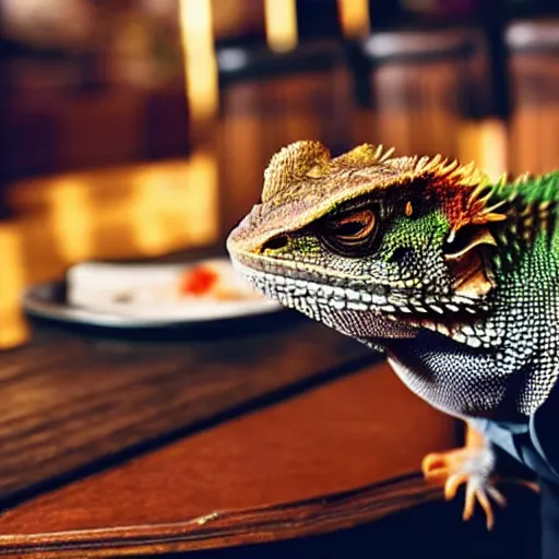 Prompt: a bearded dragon standing up, wearing a suit and tie in a restaurant