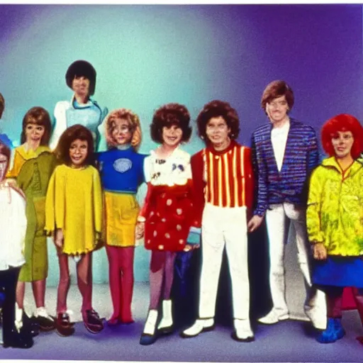 Prompt: still from 1983 children's tv show about humans in a colorful cult