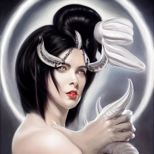 Prompt: An Attractive woman with Black hair wearing a white dress with curved demon horns lustfully looking into the camera, detailed, centered, digital painting, artstation, concept art, donato giancola, Joseph Christian Leyendecker, WLOP, Boris Vallejo, Breathtaking, 8k resolution, extremely detailed, beautiful, establishing shot, artistic, hyperrealistic, beautiful face, octane render, cinematic lighting, dramatic lighting, masterpiece