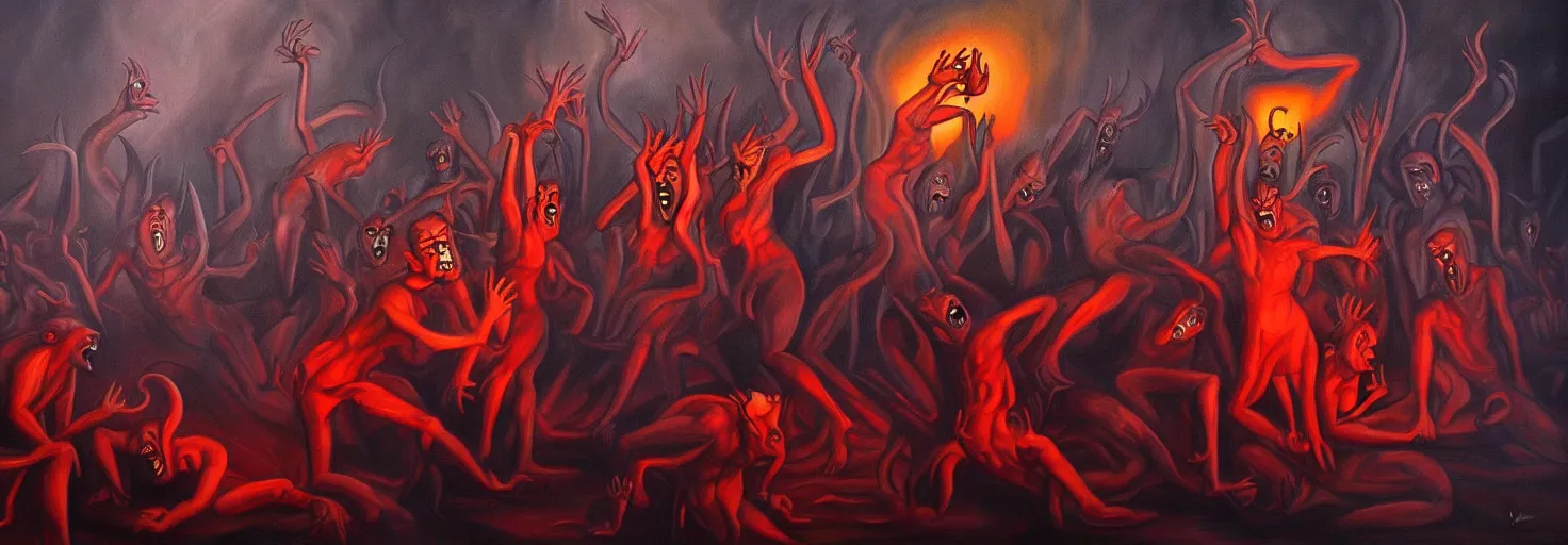 Image similar to hell demons, dramatic lighting, 1 9 3 0 s fleischer cartoon characters, wild emotional expressions - surreal painting by ronny khalil