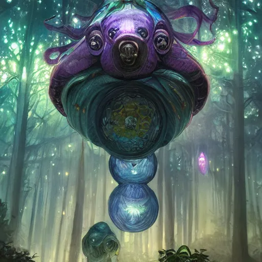 Image similar to ultra realistic illustration of magical tardigrade, forest, fantasy, colorful lights, intricate, elegant, highly detailed, digital painting, artstation, concept art, smooth, sharp focus, illustration, art by artgerm and greg rutkowski and alphonse mucha