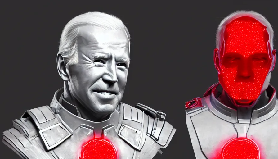 Image similar to unmasked joe biden in white metal armor with red lights in it, white background, hyperdetailed, artstation, cgsociety, 8 k