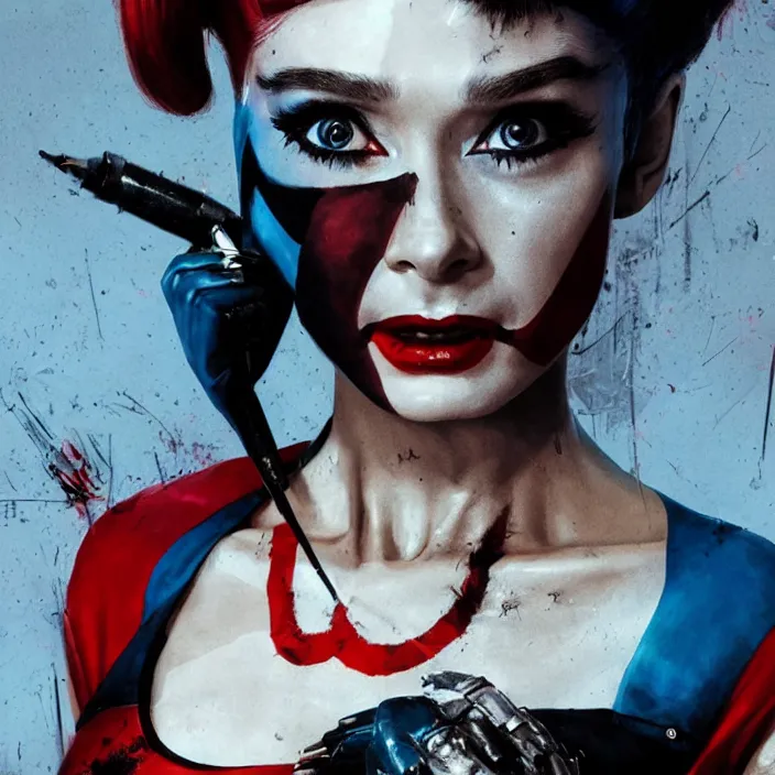 Image similar to portrait of Audrey Hepburn as a harley quinn in Suicide Squad. intricate abstract. intricate artwork. by Tooth Wu, wlop, beeple, dan mumford. octane render, trending on artstation, greg rutkowski very coherent symmetrical artwork. cinematic, hyper realism, high detail, octane render, 8k, iridescent accents