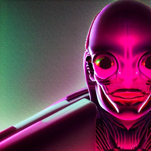 Image similar to synthwave alien face with neon tattos, detailed face, sharp focus, synthwave art, aesthetic, octane render, raw, cinematic