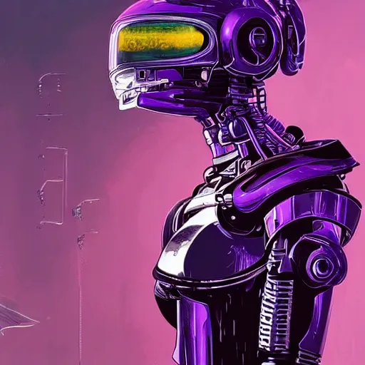 Prompt: self portrait of a robot raven with a beak. purple and black body armor, digital art, realistic, ultradetailed, concept art in the style of Cyberpunk 2077. art by Syd Mead and Moebius, trending on artstation, devianart, cgsociety