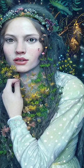 Image similar to lovely woman, serene smile surrounded by golden firefly lights, amidst nature fully covered by a intricate detailed dress, long red hair, precise linework, accurate green eyes, small nose with freckles, smooth oval shape face, empathic, expressive emotions, dramatic lights spiritual scene, hyper realistic ultrafine art by artemisia gentileschi, jessica rossier, boris vallejo