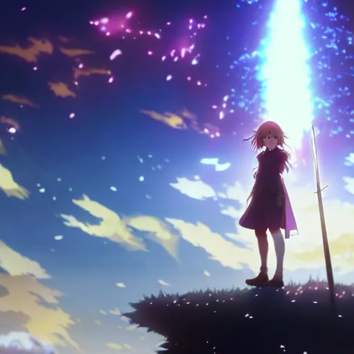 Image similar to emma watson in heavens feel movie, demon slayer, ufotable, kyoani, high quality, key visual, cinematic, city background, night time, rooftop, fate stay night, unlimited blade works, greg rutkowski, extreme close up, rin outfit, anime, high angle, high budget