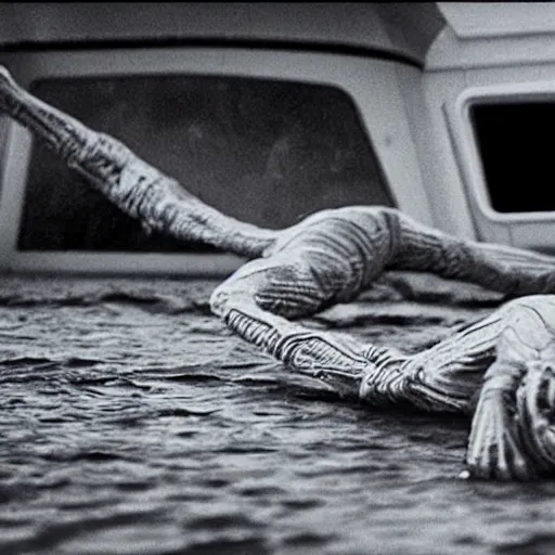 Image similar to an alien crawling on a boat. in the style of junji ito. photograph from horror film.