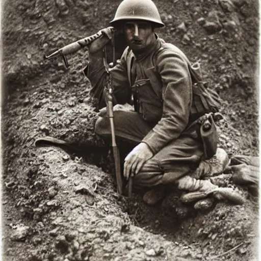 Image similar to Kurdish soldier, ww1 trench, war photo, film grain, award winning photo