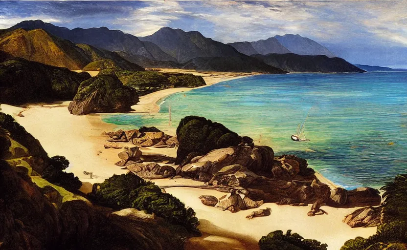 Image similar to golden bay abel tasman new zealand in the style of Caravaggio, digital art, high quality, highly detailed, high coherence, anatomically correct, Caravaggio, concept art, marterpiece