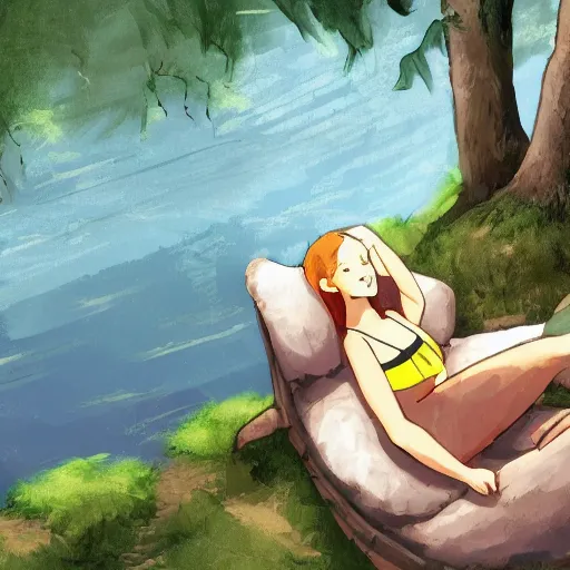 Prompt: a rough digital painting of a person with furry goat legs lounging next to a river with a finger in the water in the forest, digital painting, fantasy, studio ghibli environment, overhead canopy