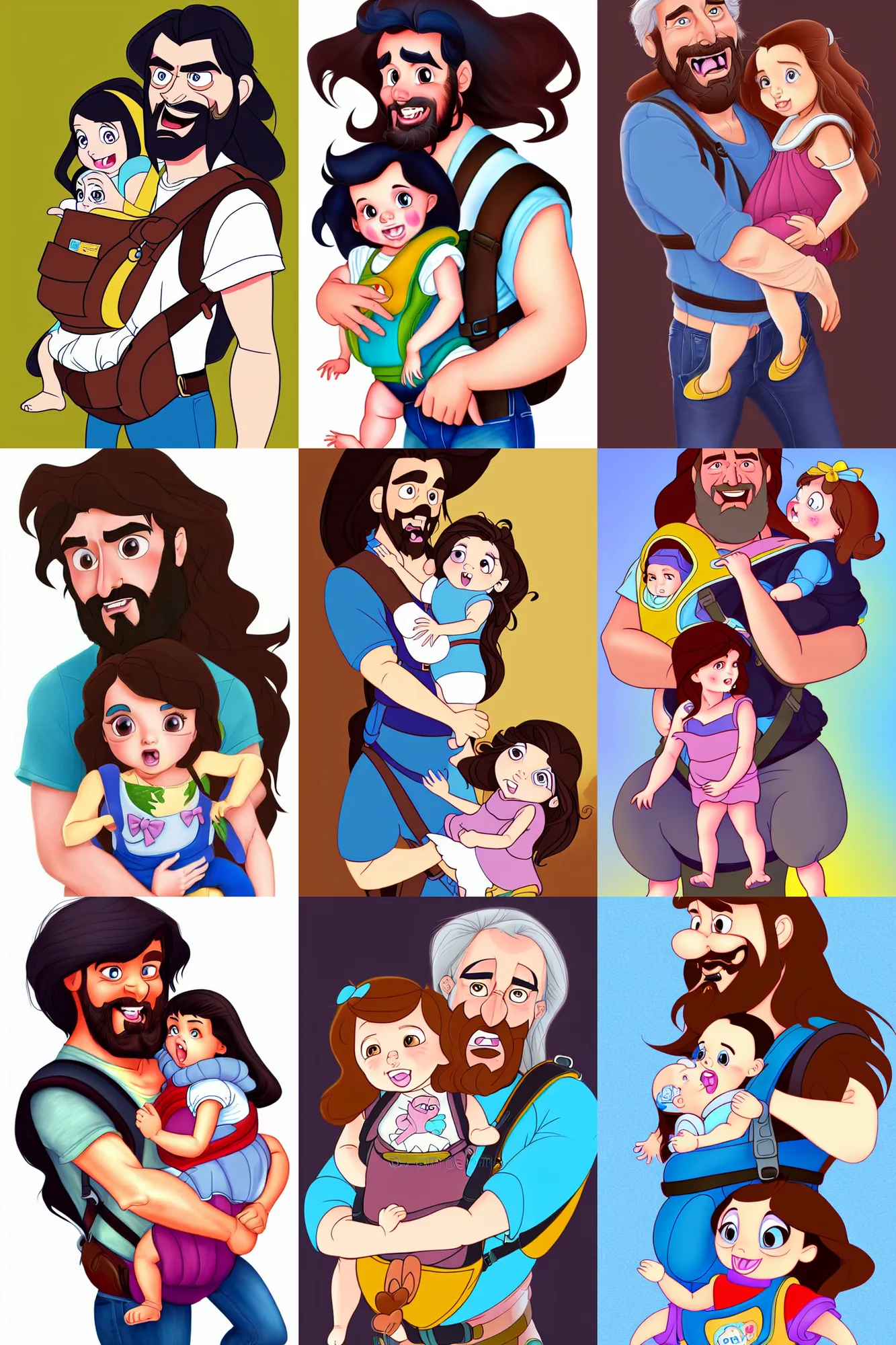 Prompt: a long - haired bearded father and his cartoonish brunette child toddler girl in a baby carrier full color digital illustration in the style of don bluth, artgerm, artstation trending, 4 k