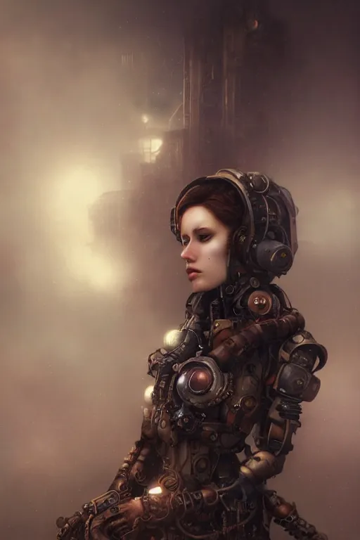 Prompt: Abstract tech, a beautiful steampunk female in bodysuit, ruins by night, horror, volumetric clouds and fog, focus, detailed, realistic eyes looking at camera, symmetric body features proportions, intricate details, award winning, unreal render, by Tom Bagshaw