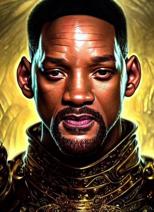 Image similar to portrait of will smith, d & d, wet, shiny, fantasy, intricate, elegant, hyper detailed, ultra definition, photoreal, artstation, unreal engine rendered, concept art, smooth, sharp focus, illustration, art by artgerm and greg rutkowski and alphonse mucha and garis edelweiss