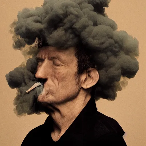Prompt: annie liebowitz photo of a man's head replaced with a puff of smoke