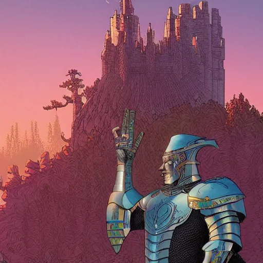 Prompt: a portrait of a noble lord with magnificent armor in a scenic environment by josan gonzalez and moebius, castle and trees in the background,