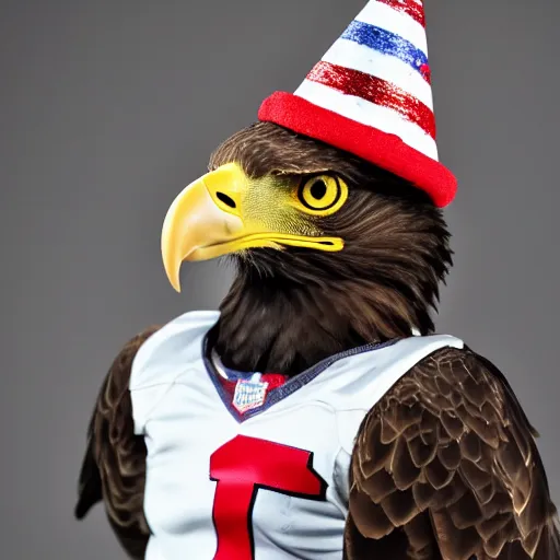 Prompt: an eagle with a party hat on and a philadelphia football jersey on,