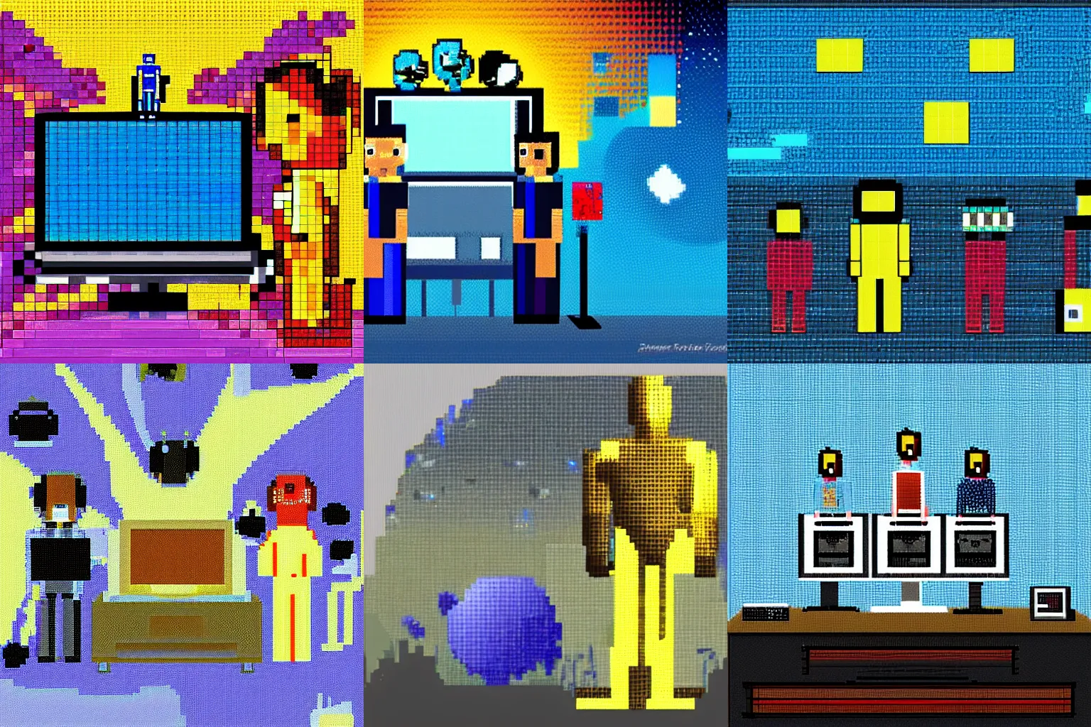 Prompt: oscar the group on a computer screen, pixel art, surrealist space background