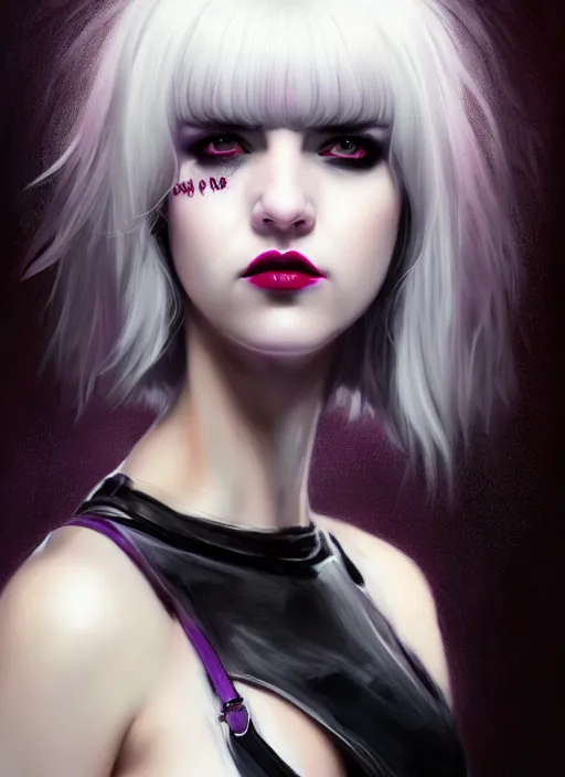 Image similar to portrait of white teenage girl, normal face, black bangs, mall goth, cyberlox, black and white hair, bangs, fluffy bangs, red contacts, purple lipstick, intricate, elegant, highly detailed, digital painting, artstation, concept art, sharp focus, smooth, illustration, art by wlop, mars ravelo and greg rutkowski