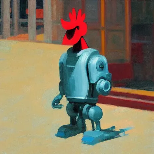 Prompt: a portrait of a robotic rooster wearing a hoodie, a highly detailed edward hopper painting, by adrian ghenie and gerhard richter. art by james gurney. masterpiece, flat surreal design with deep colours. 8 k. artstation