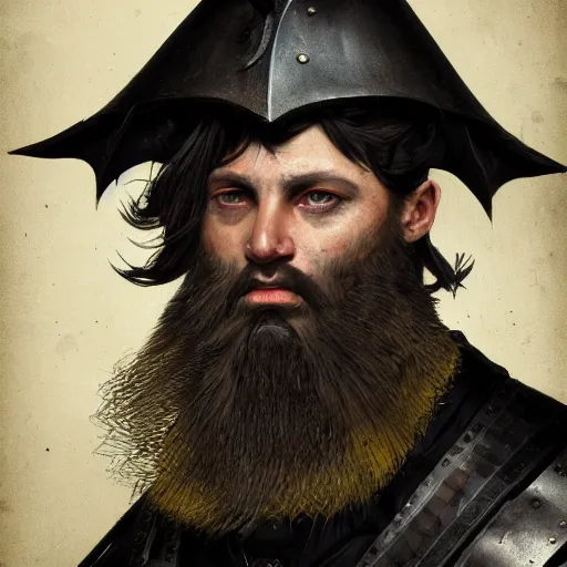 Prompt: Closeup of frustrated male medieval sergeant with a {short} beard wearing a {black!!!! and yellow tabard} over a steel breastplate and a black gambeson looking up from a map on a table, intricate, dramatic lighting illustration by Greg Rutkowski, {perfect face}, {perfect eyes}, ArtStation, digital art, fantasy