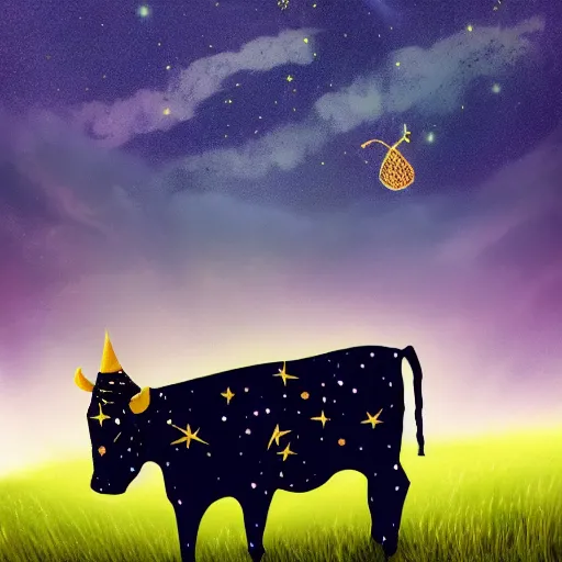 Prompt: a detailed picture of stars and a nebula shaped like a cow in a grassy field wearing a witch hat, cow wearing hat!!! viewed in profile and far away, fog in the background, ultrawide lens, aerial photography, black and blue color scheme with gold highlights, art by marco bucci and danny flynn, artstation, 8 k