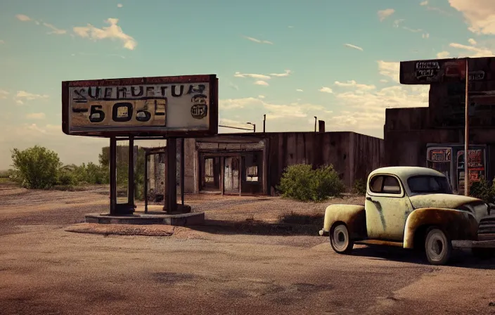 Image similar to A landscape with historical route66 with abandoned gas station and a single old rusty pickup-truck. the summer light dimly illuminates, diffuse light, octane render, lots of sparkling details and sun ray’s, blinding backlight, smoke, volumetric lighting, 35 mm, beautiful reflections, heavenly, softlight