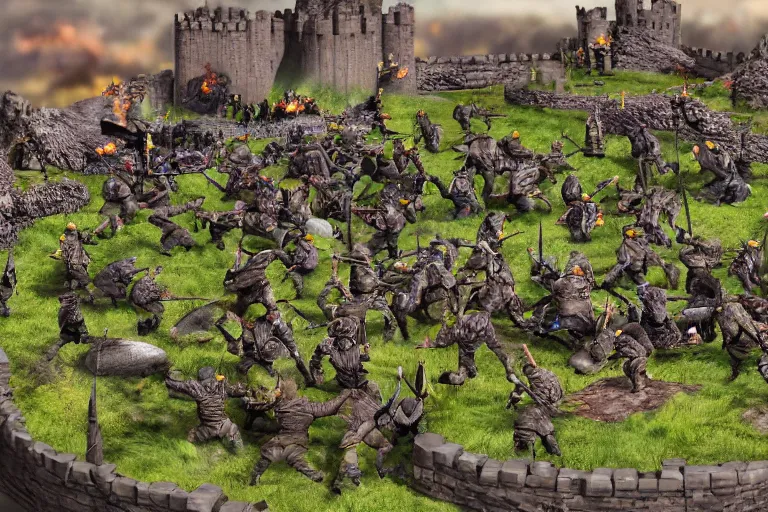 Image similar to diorama of minions fighting orcs in the battle of helm's deep, giant castle walls, realistic, 4 k, detailed